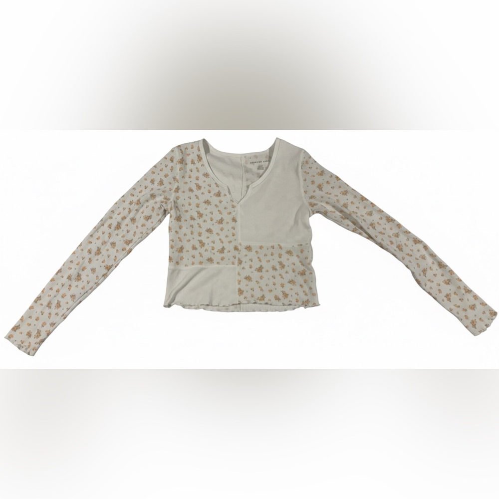 American Eagle Women's Ribbed Long-Sleeve Crop - White, Orange Floral Panels